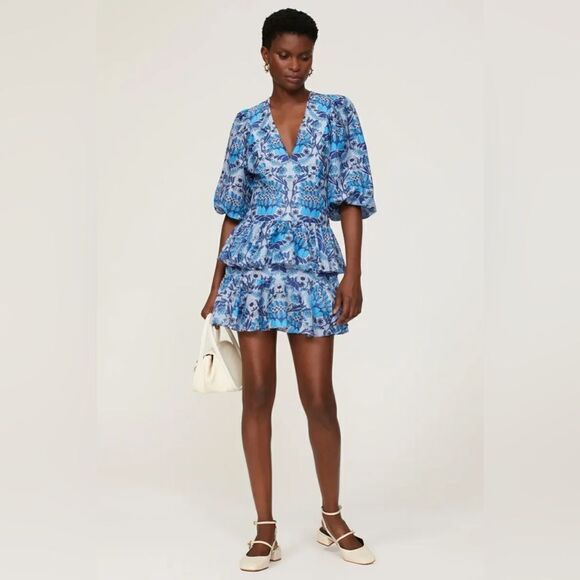 SANDRO PARIS Eyana Yana Scarf Print Blue Fit and Flare Dress Flounce 2 - Picture 4 of 16